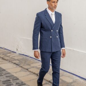 veste-tailleur-double-boutonnage-bleu marine-et-blanc